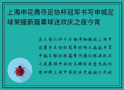 上海申花勇夺足协杯冠军书写申城足球荣耀新篇章球迷欢庆之夜今宵